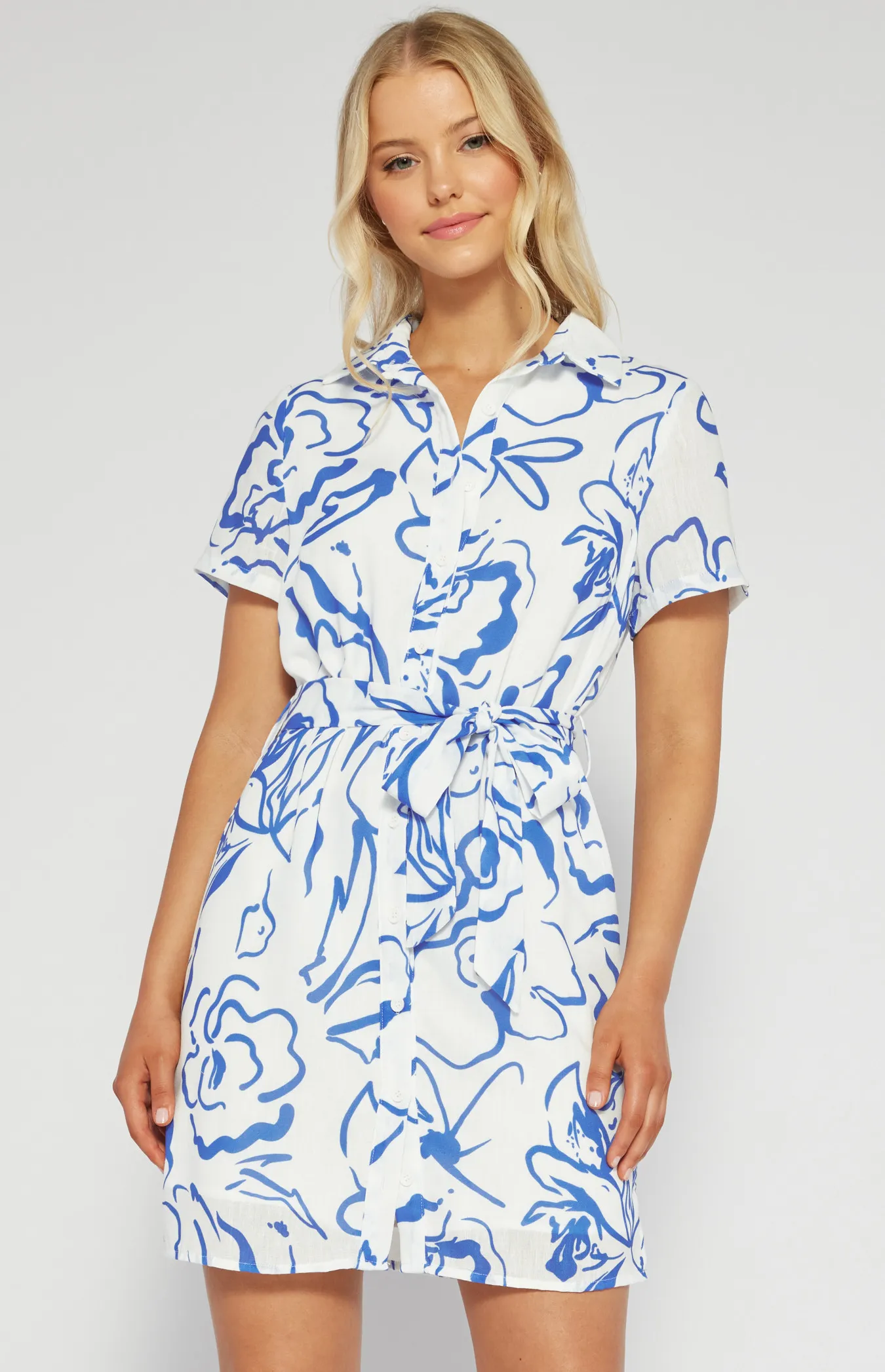 Faux Linen Abstract Printed Shirt Dress