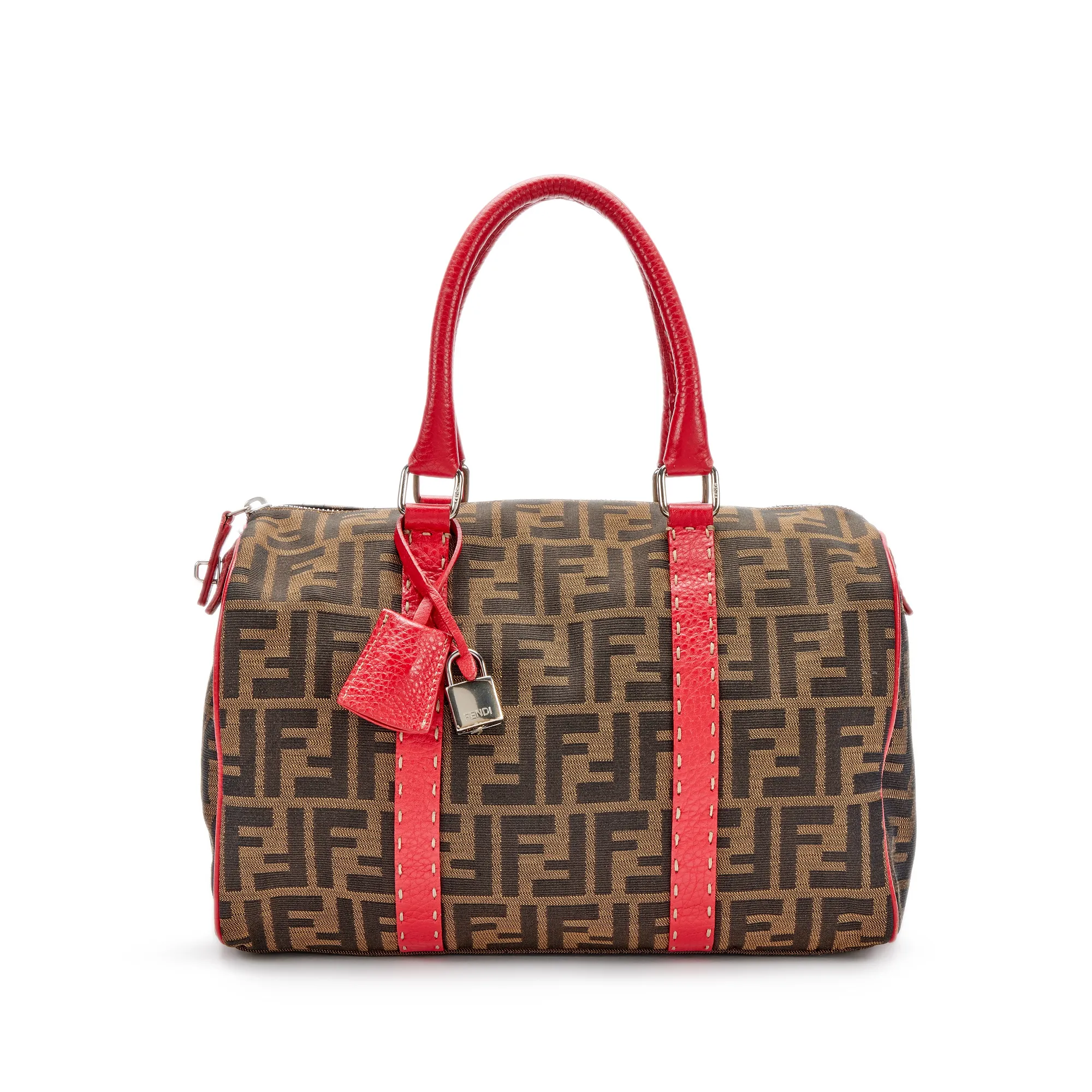 Fendi Brown Zucca Canvas Red Leather Selleria Boston Bag