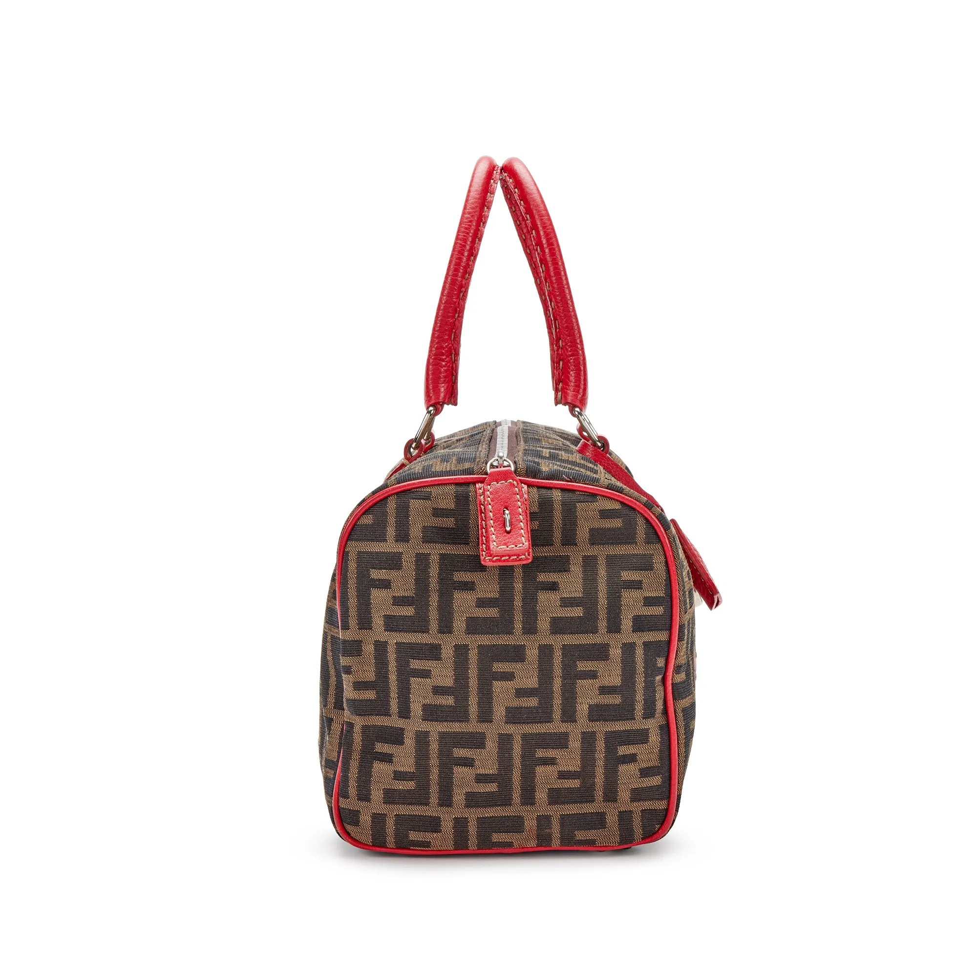 Fendi Brown Zucca Canvas Red Leather Selleria Boston Bag