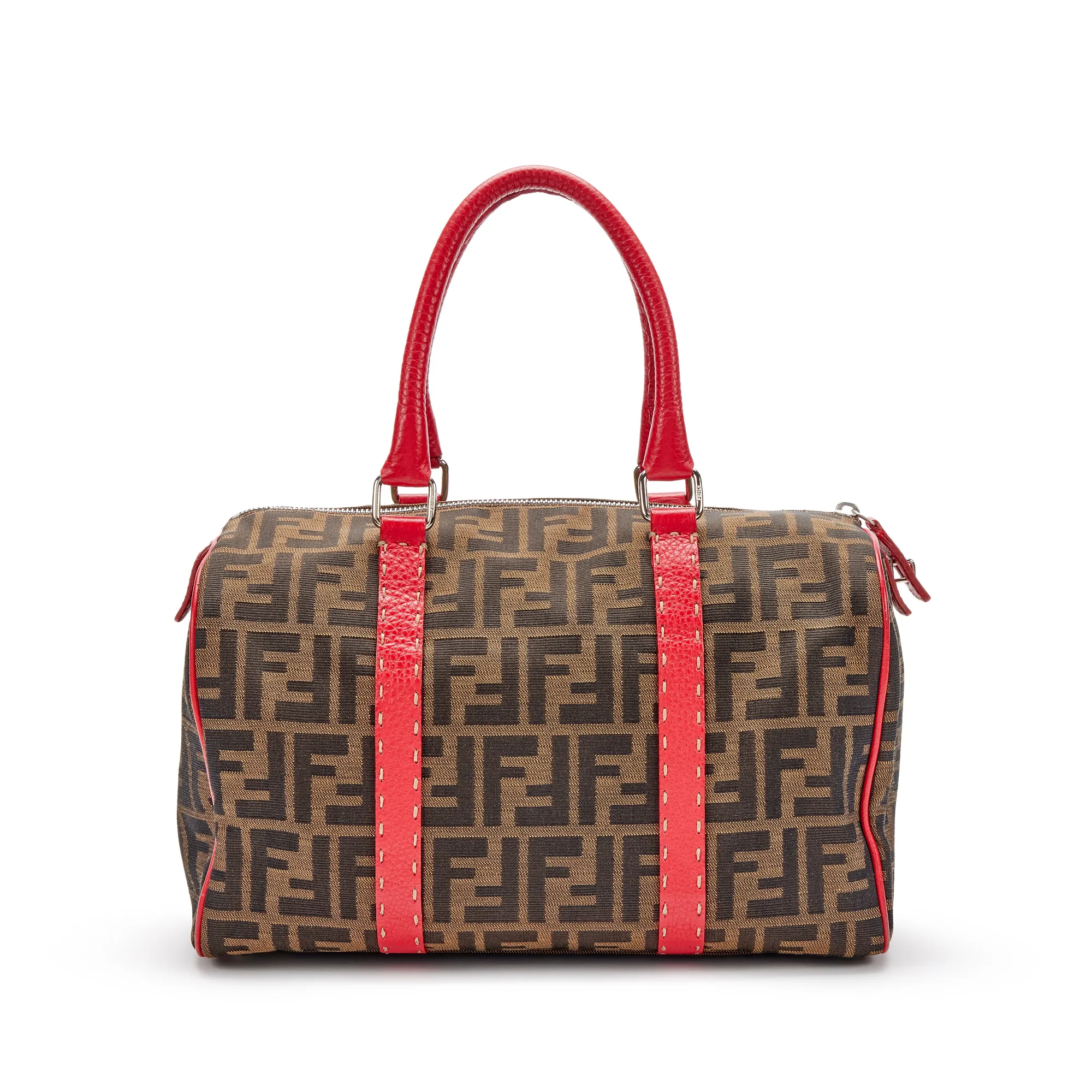 Fendi Brown Zucca Canvas Red Leather Selleria Boston Bag