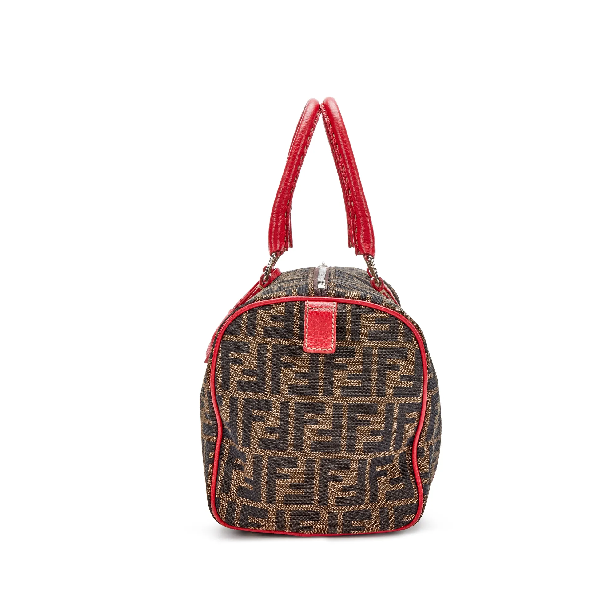 Fendi Brown Zucca Canvas Red Leather Selleria Boston Bag