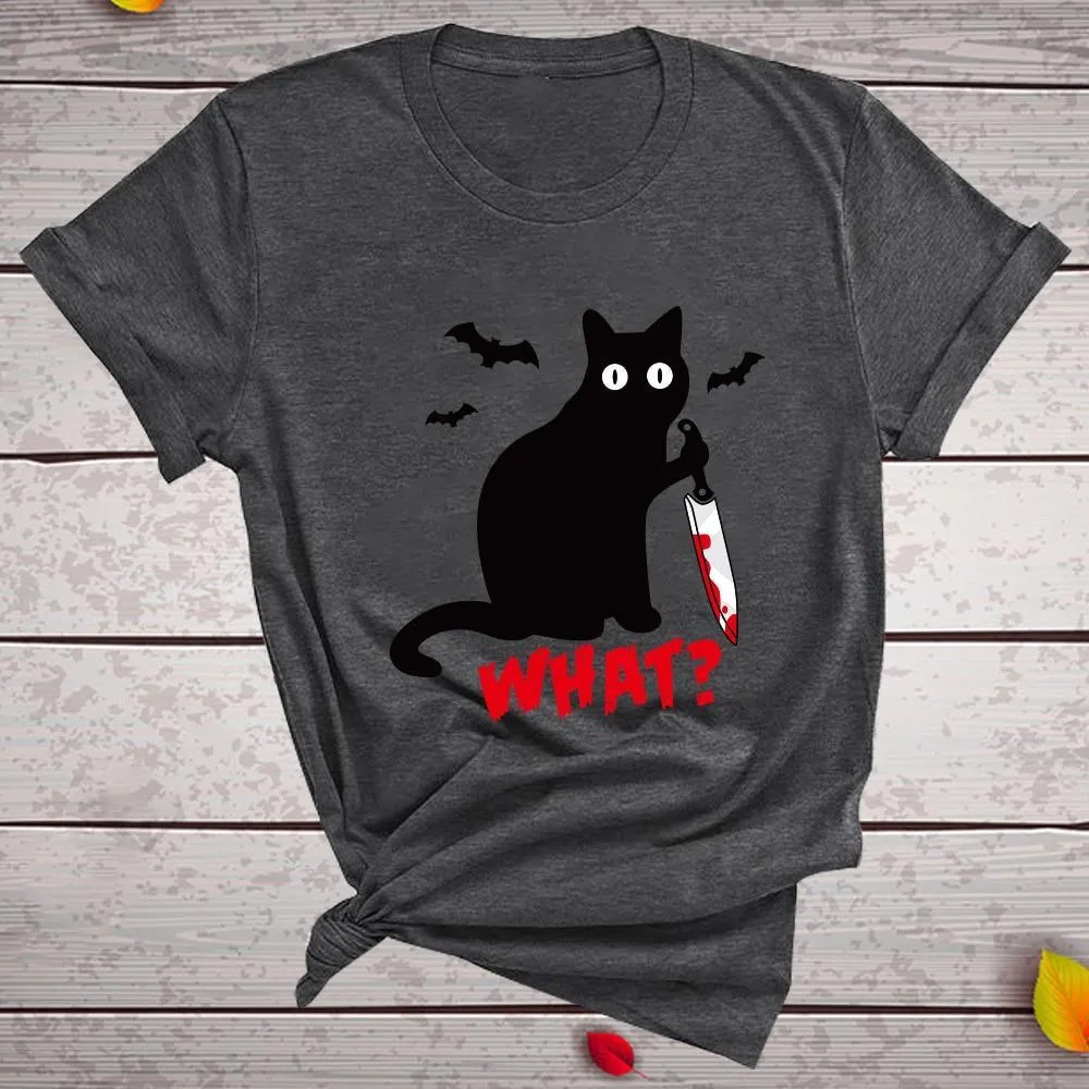 Funny Black Cat T-Shirt for Women with a Knife