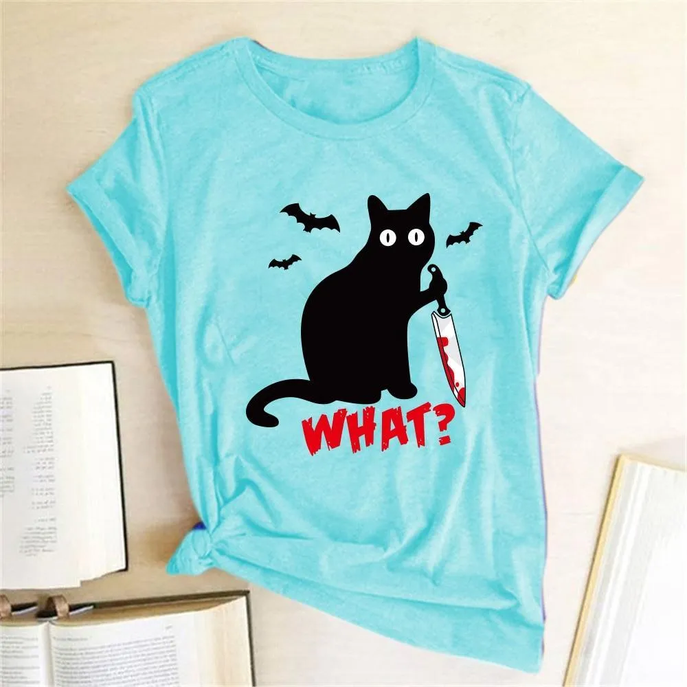 Funny Black Cat T-Shirt for Women with a Knife