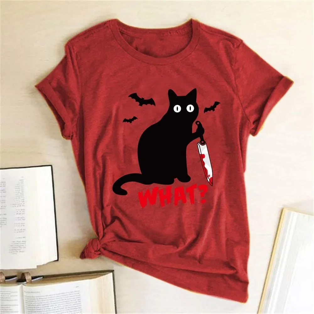 Funny Black Cat T-Shirt for Women with a Knife