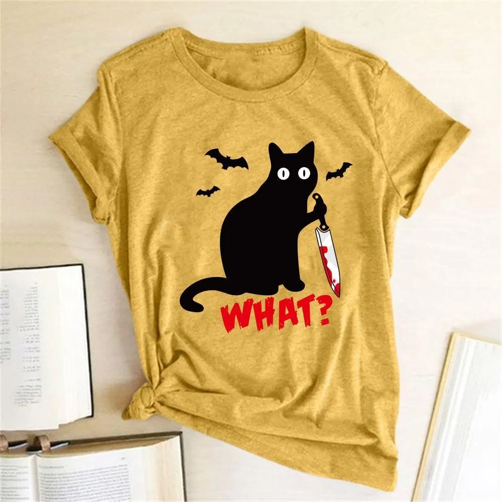 Funny Black Cat T-Shirt for Women with a Knife