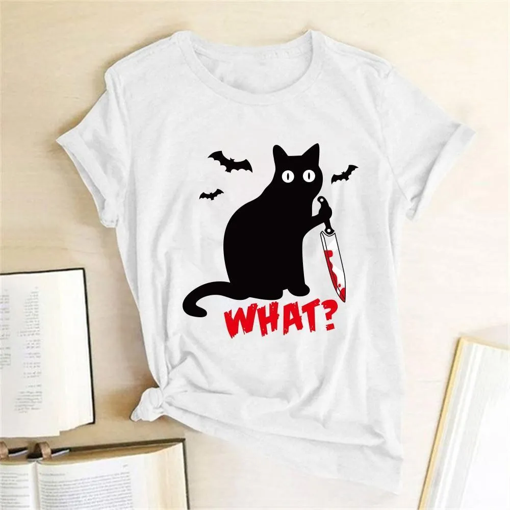 Funny Black Cat T-Shirt for Women with a Knife