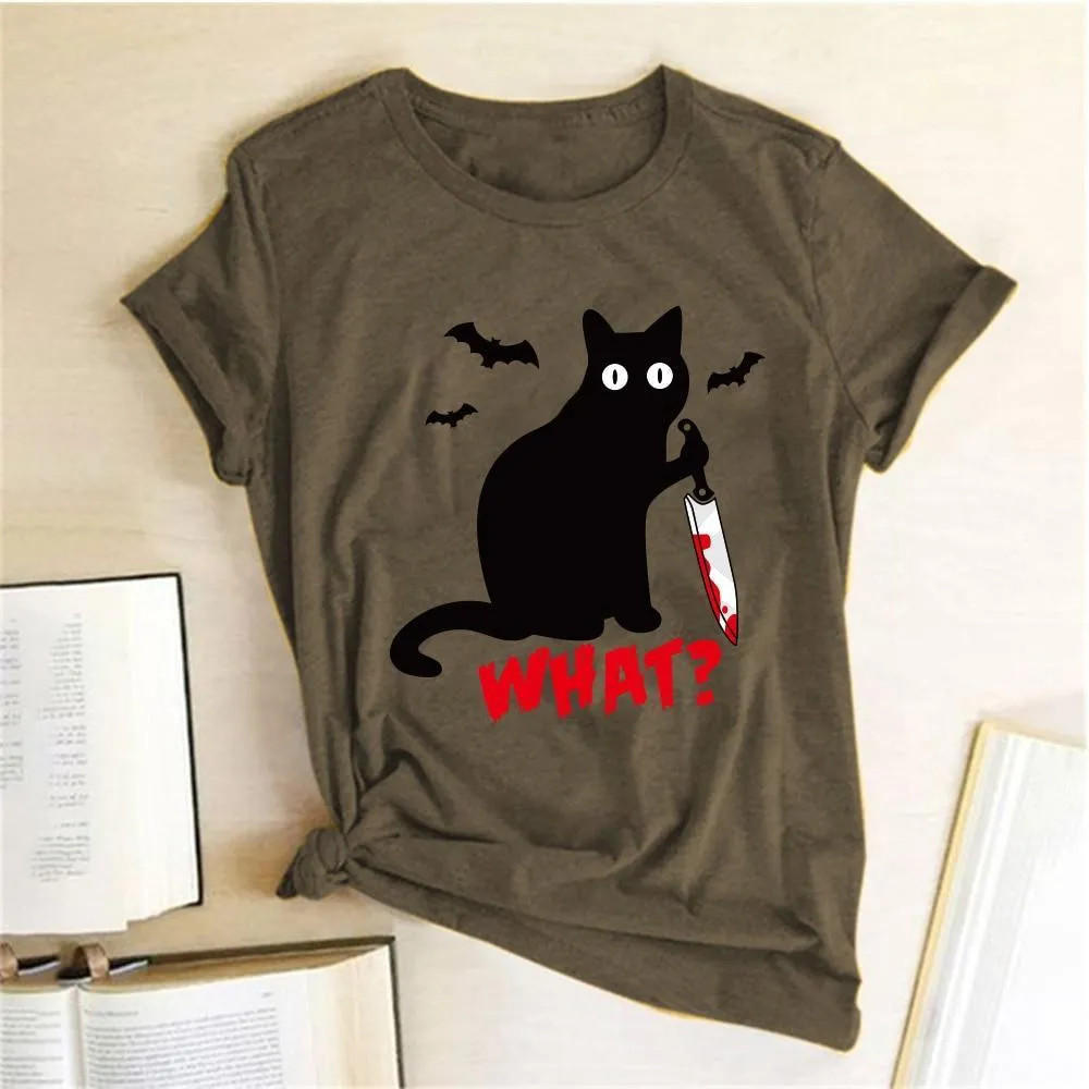 Funny Black Cat T-Shirt for Women with a Knife