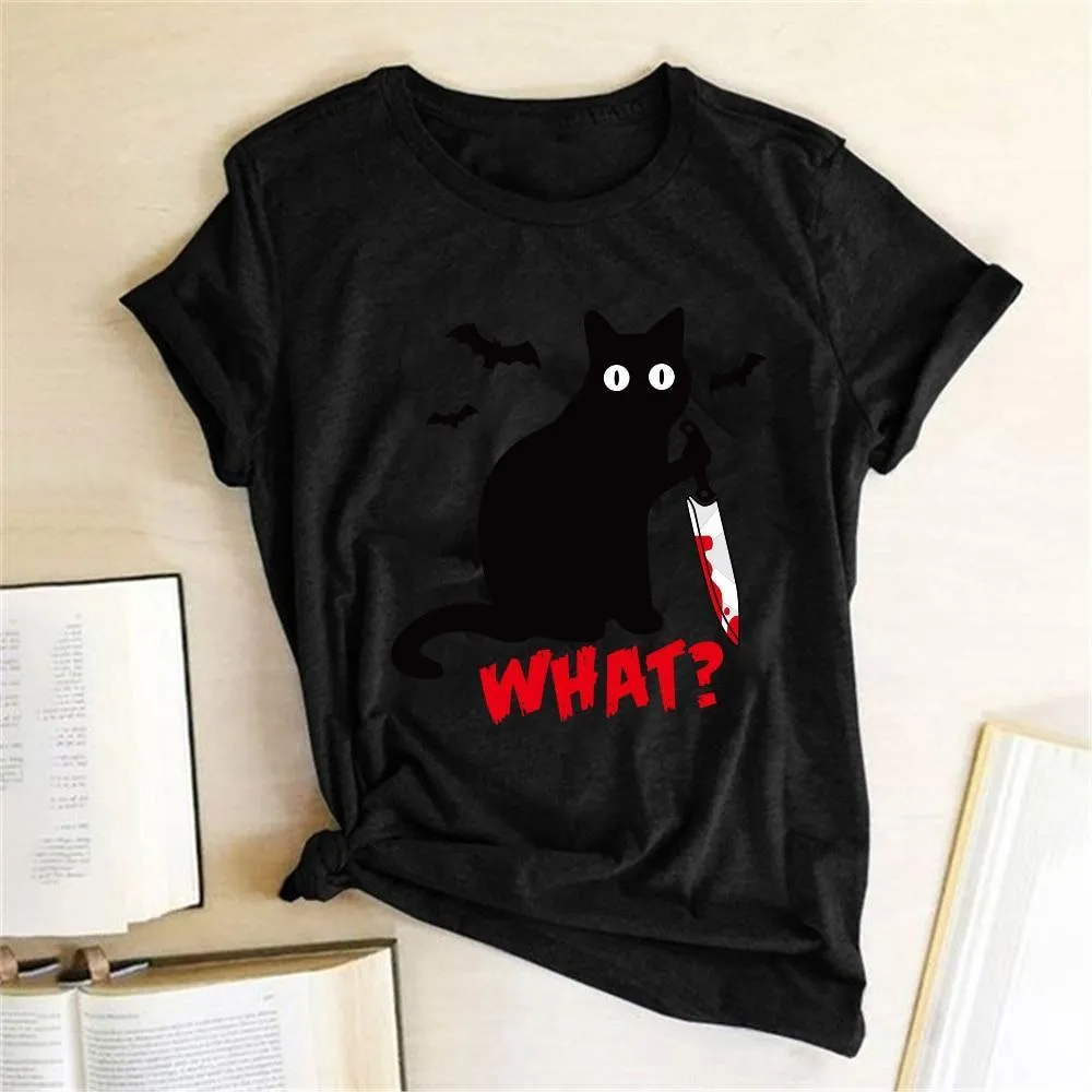 Funny Black Cat T-Shirt for Women with a Knife