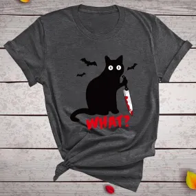 Funny Black Cat T-Shirt for Women with a Knife