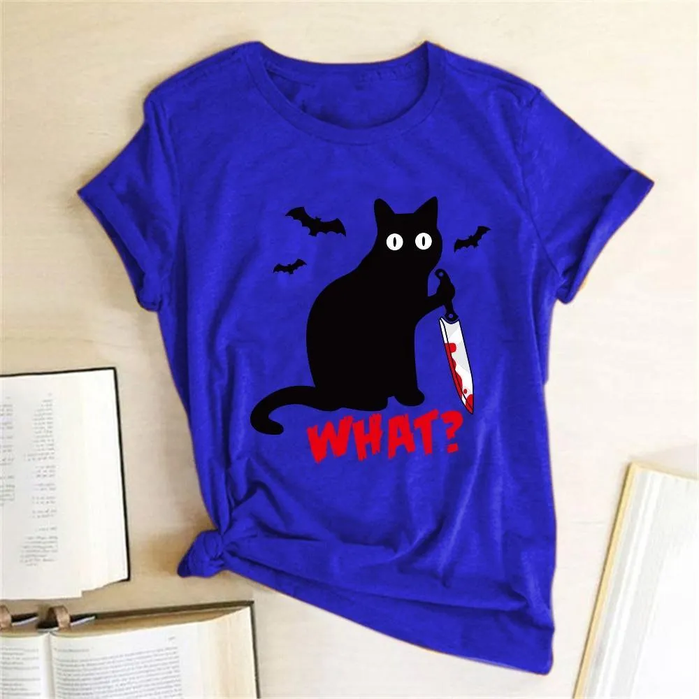 Funny Black Cat T-Shirt for Women with a Knife