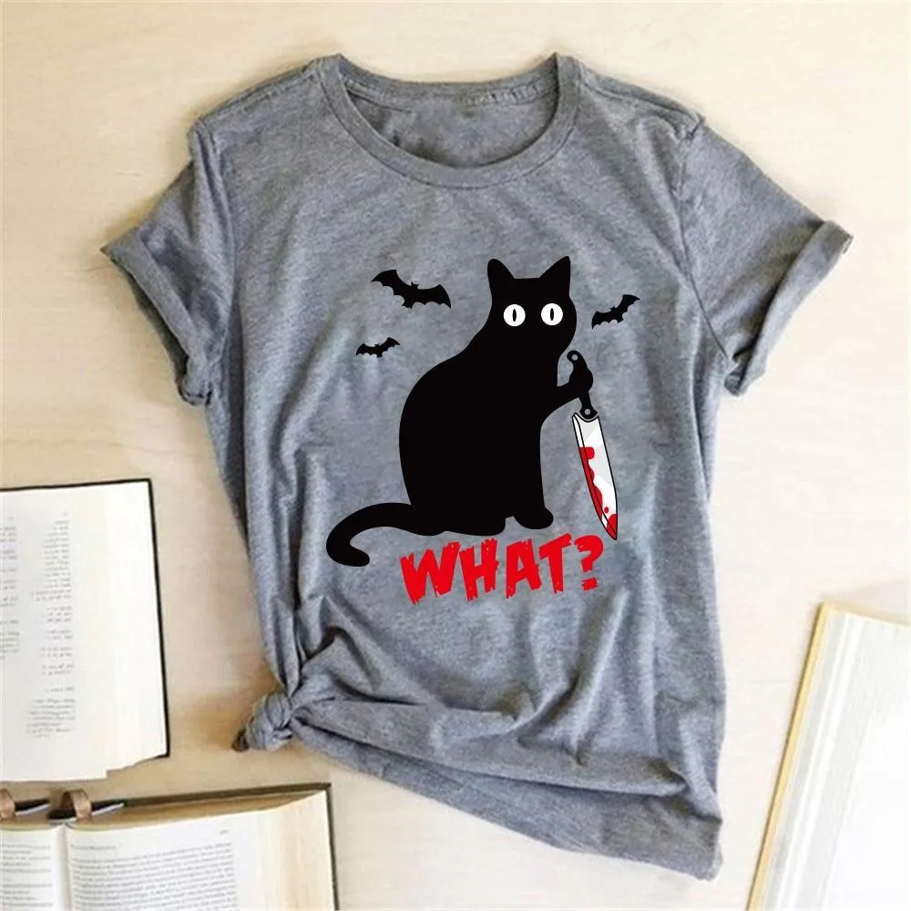 Funny Black Cat T-Shirt for Women with a Knife