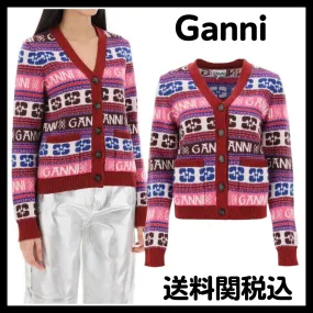 Ganni long sleeve logo cardigans for casual elegance.