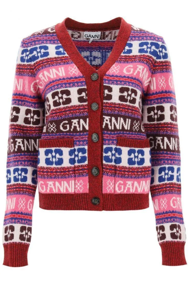 Ganni long sleeve logo cardigans for casual elegance.