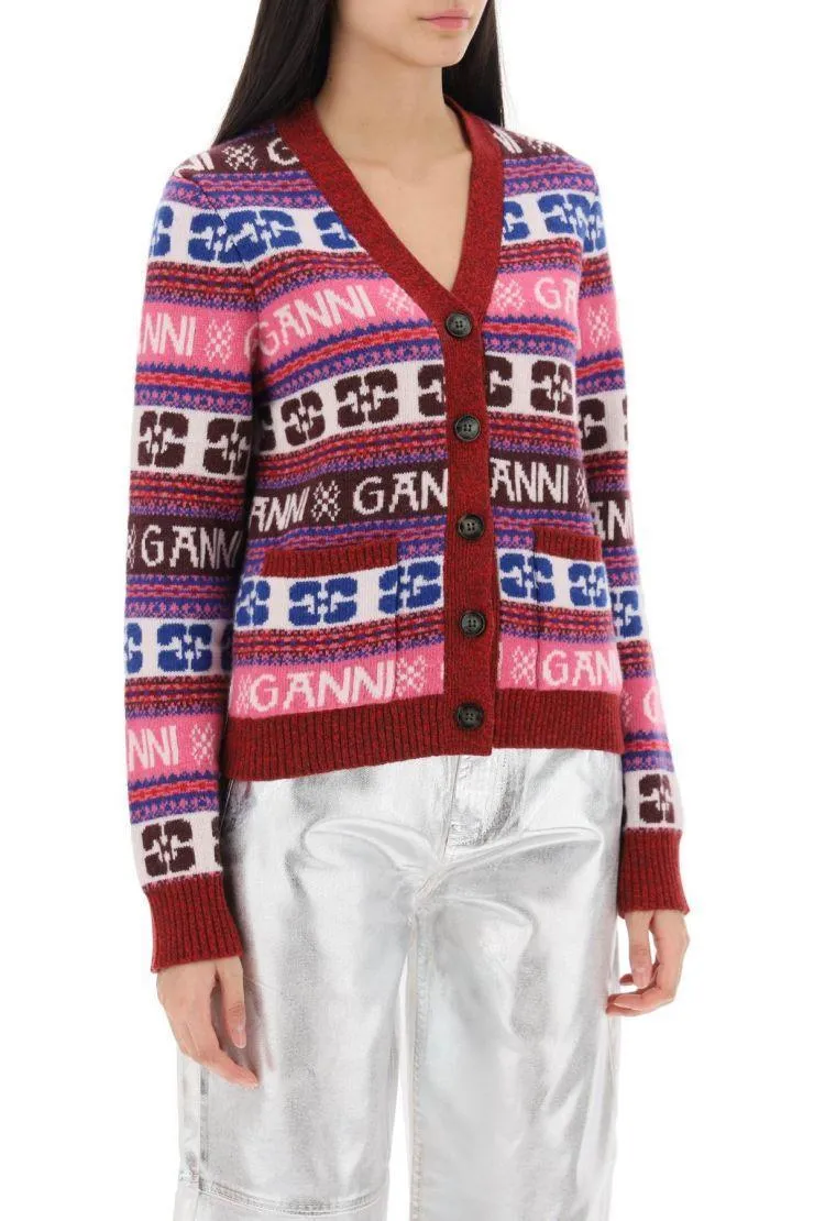 Ganni long sleeve logo cardigans for casual elegance.