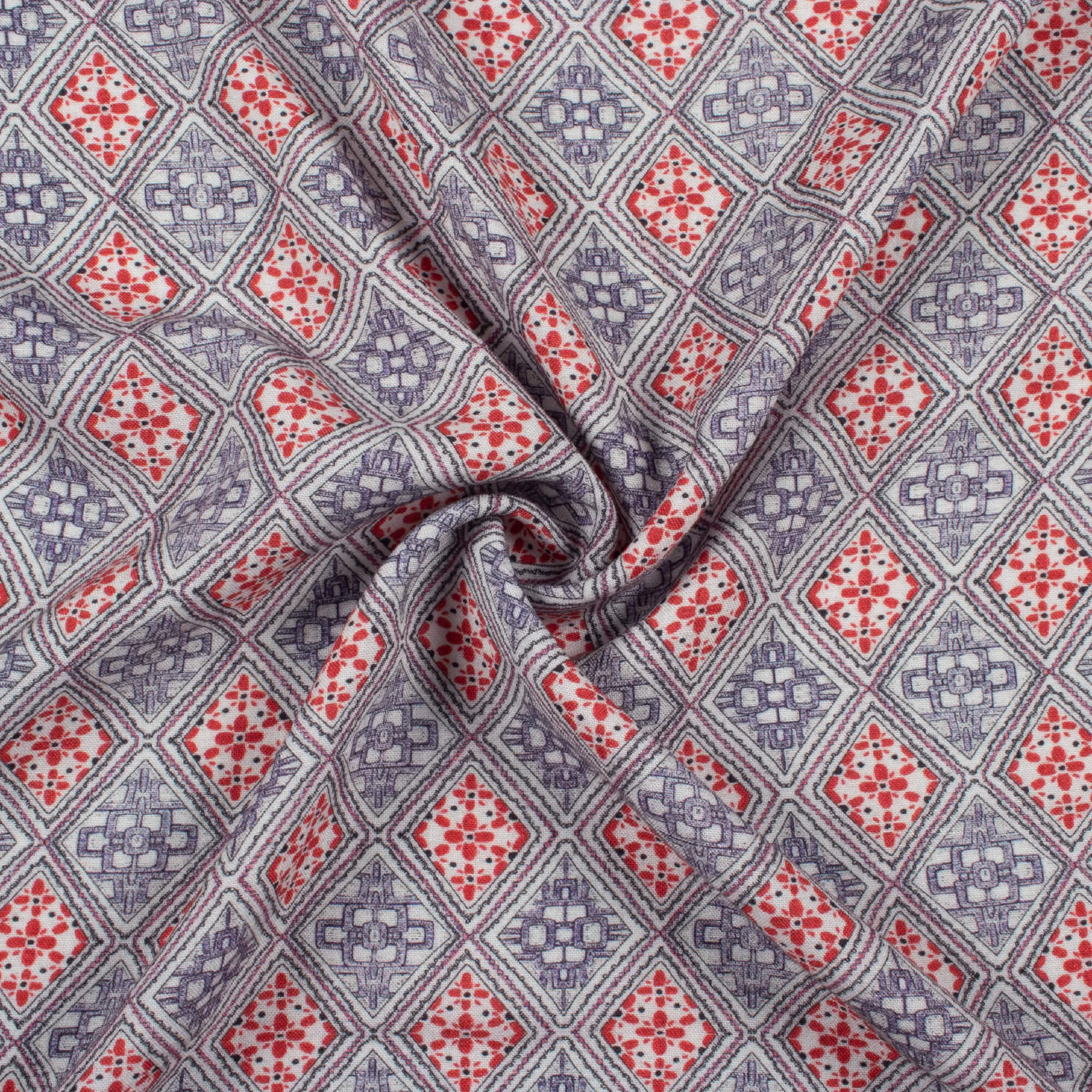 Geometric Pattern Vermilion Red Blue Viscose Rayon Fabric Print, 58 Inches Width