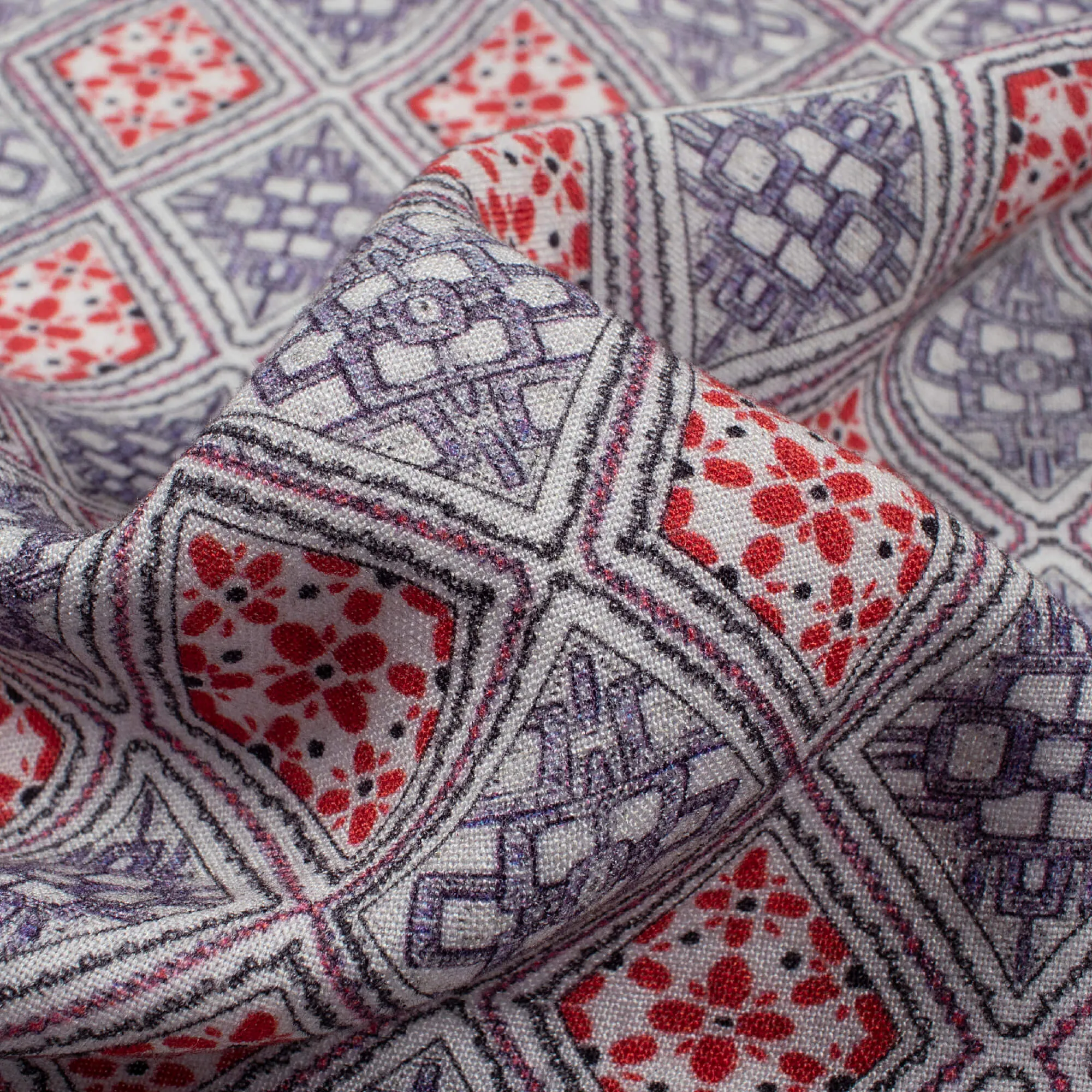 Geometric Pattern Vermilion Red Blue Viscose Rayon Fabric Print, 58 Inches Width