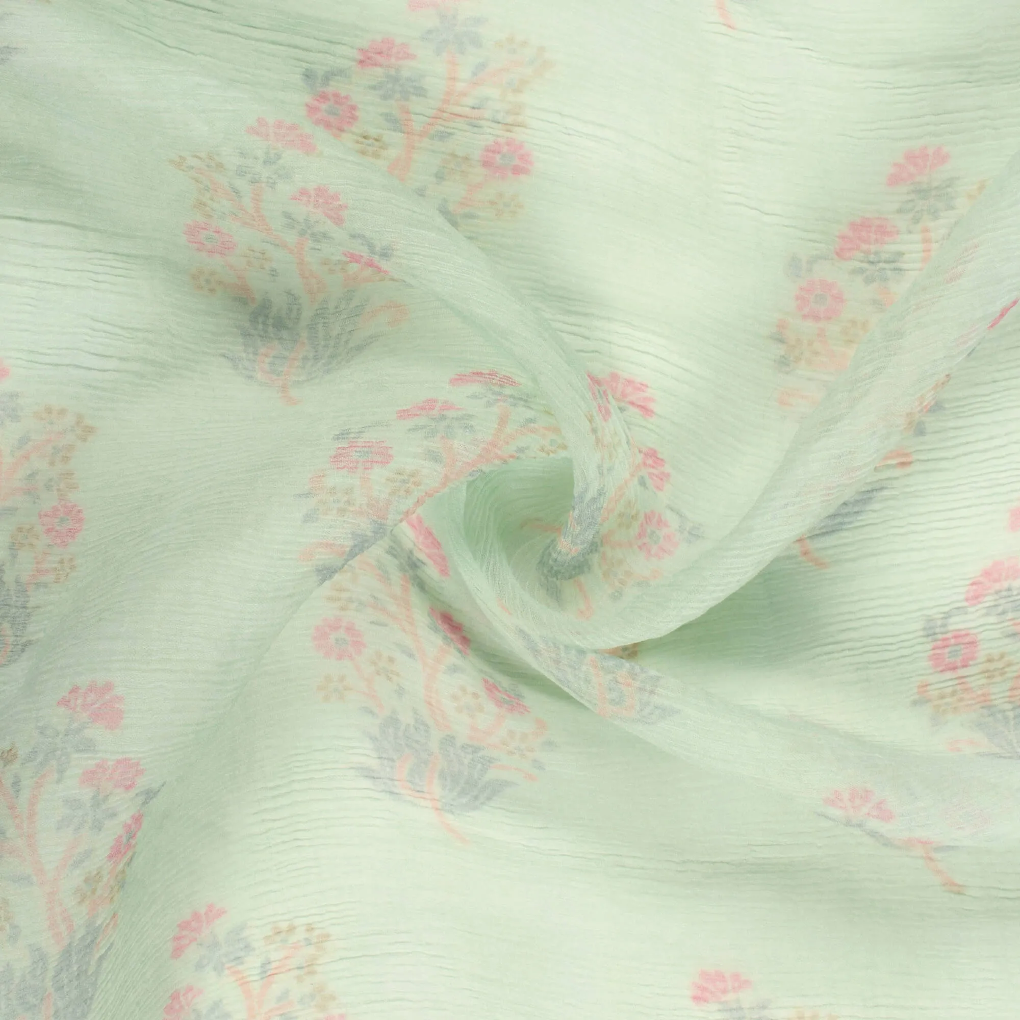 Green Pink Booti Pattern Digital Print Chiffon Fabric