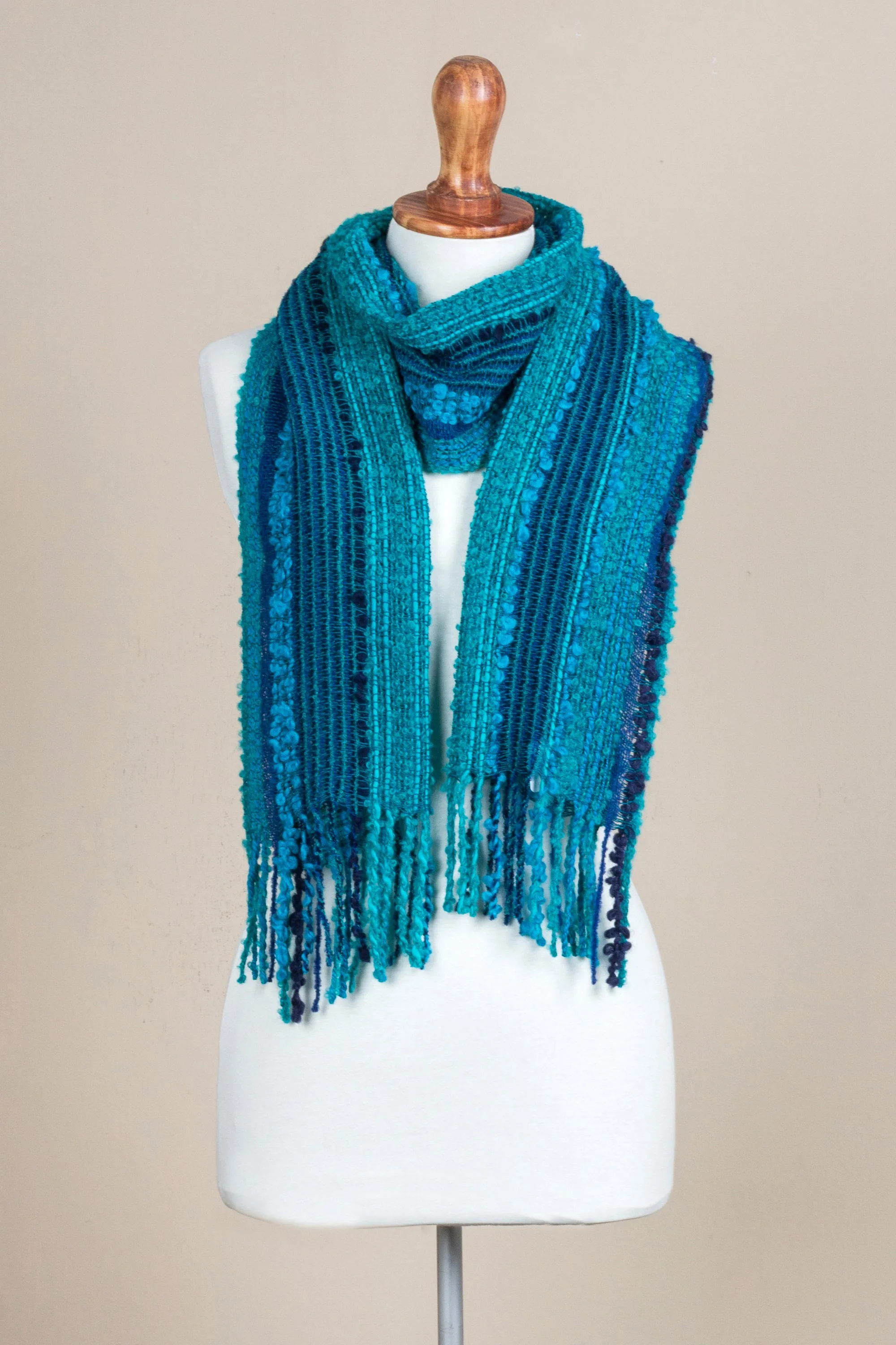 Hand Woven Blue Alpaca Scarf from Peru with Bohemian Caribbean Stripes