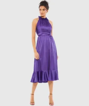 Ieena by Mac Duggal Ruffle Halter Wedding Guest Midi Dress Purple