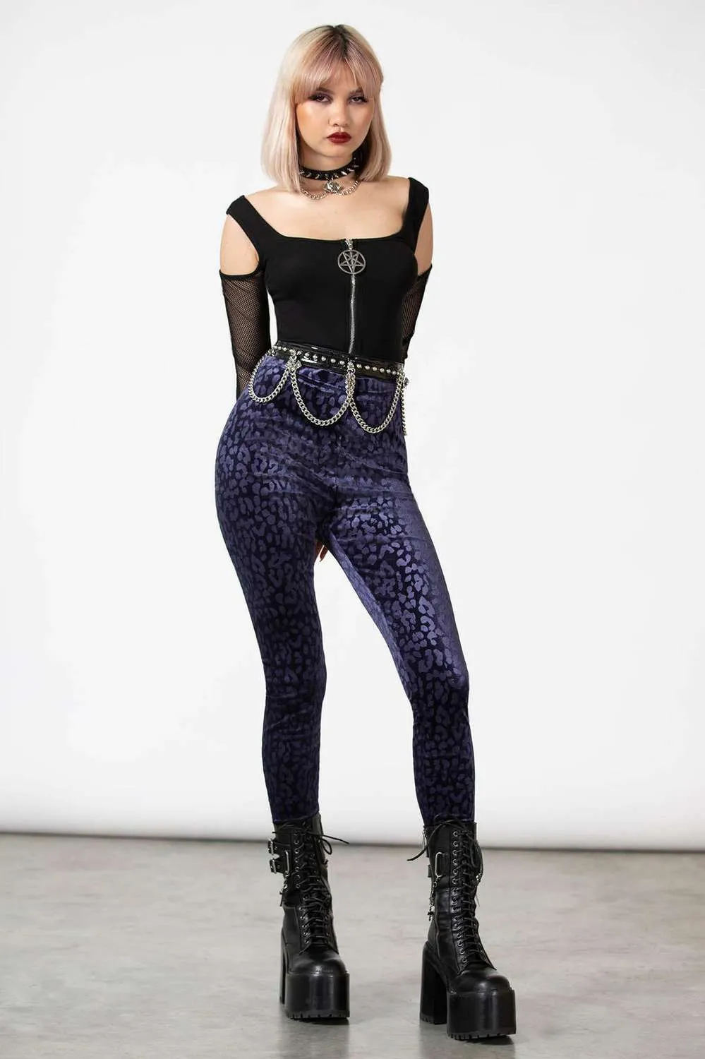 Killstar Caturday Leggings Plum Dark Ages