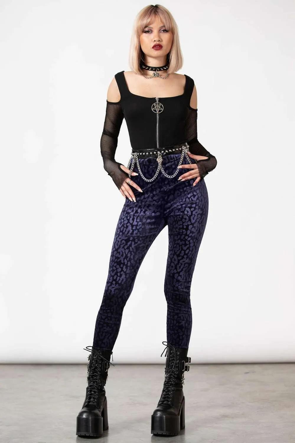 Killstar Caturday Leggings Plum Dark Ages