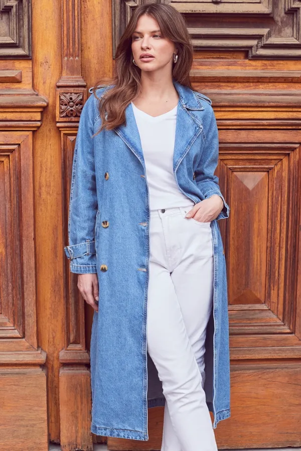 Light Blue Denim Long Trench Coat