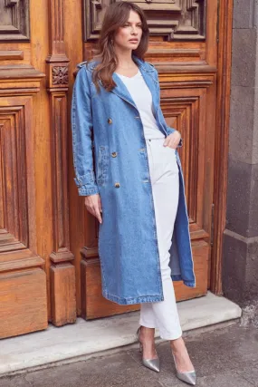 Light Blue Denim Long Trench Coat