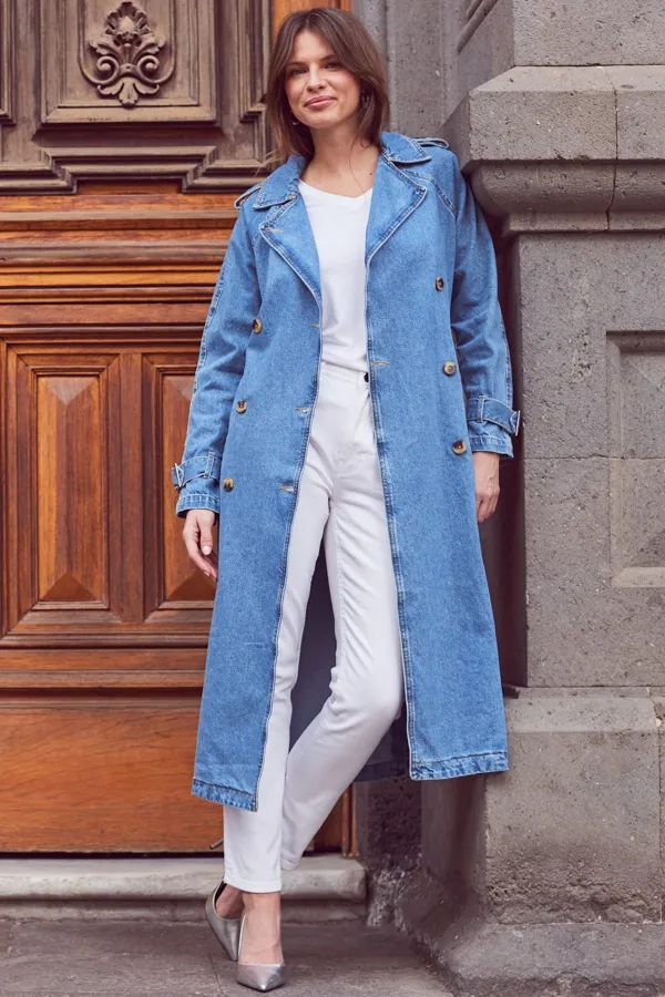 Light Blue Denim Long Trench Coat