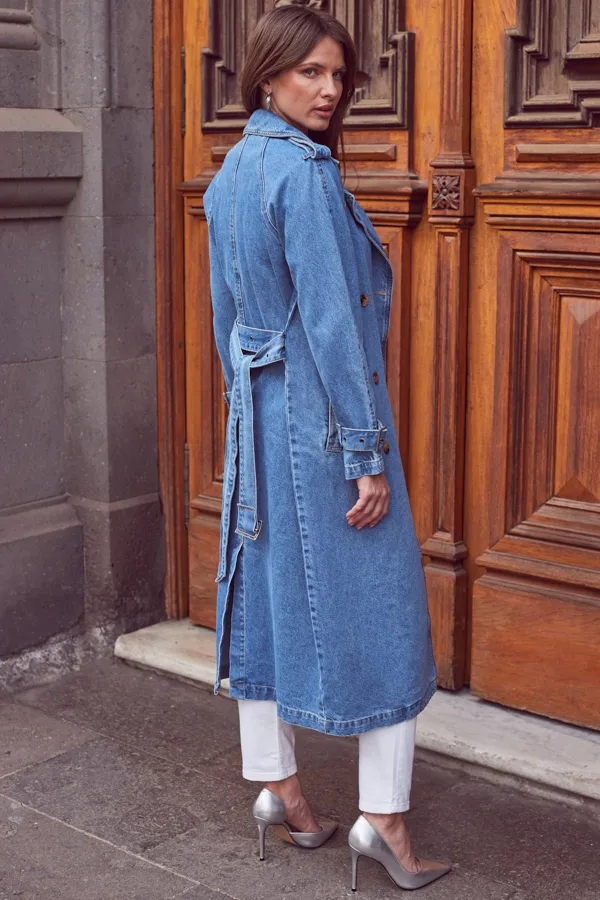 Light Blue Denim Long Trench Coat