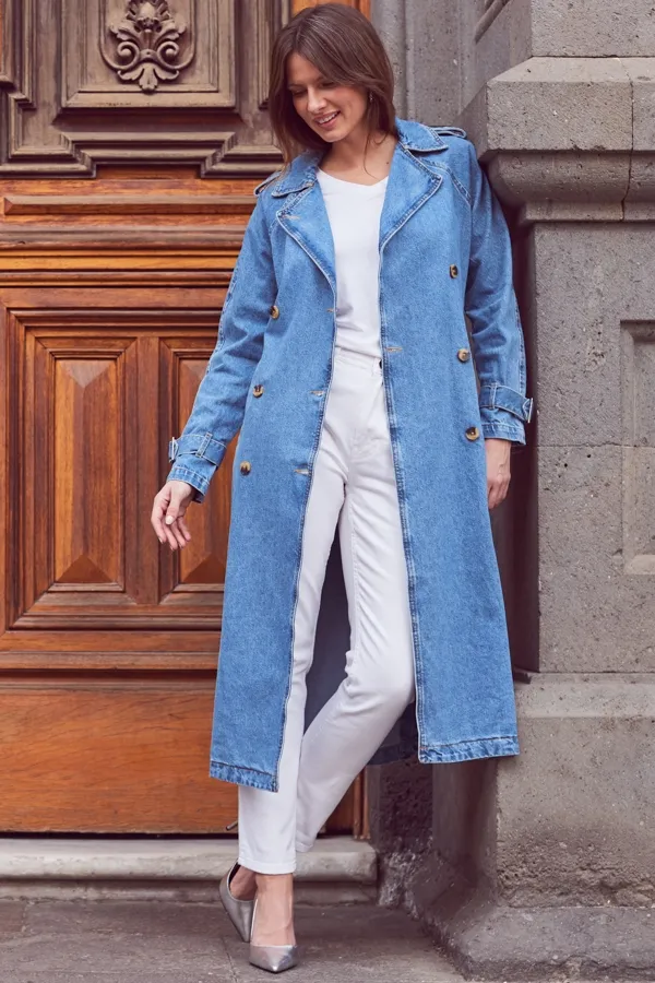 Light Blue Denim Long Trench Coat