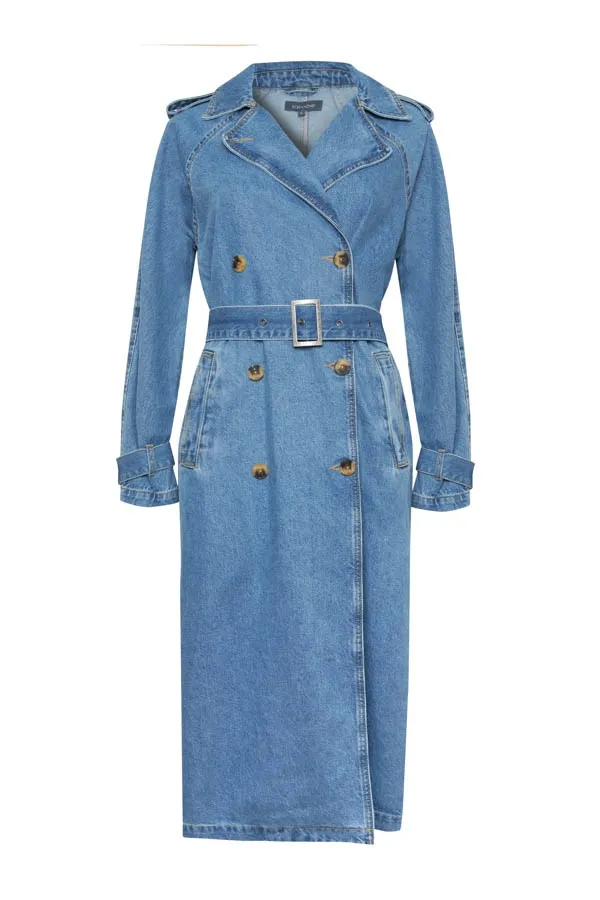 Light Blue Denim Long Trench Coat