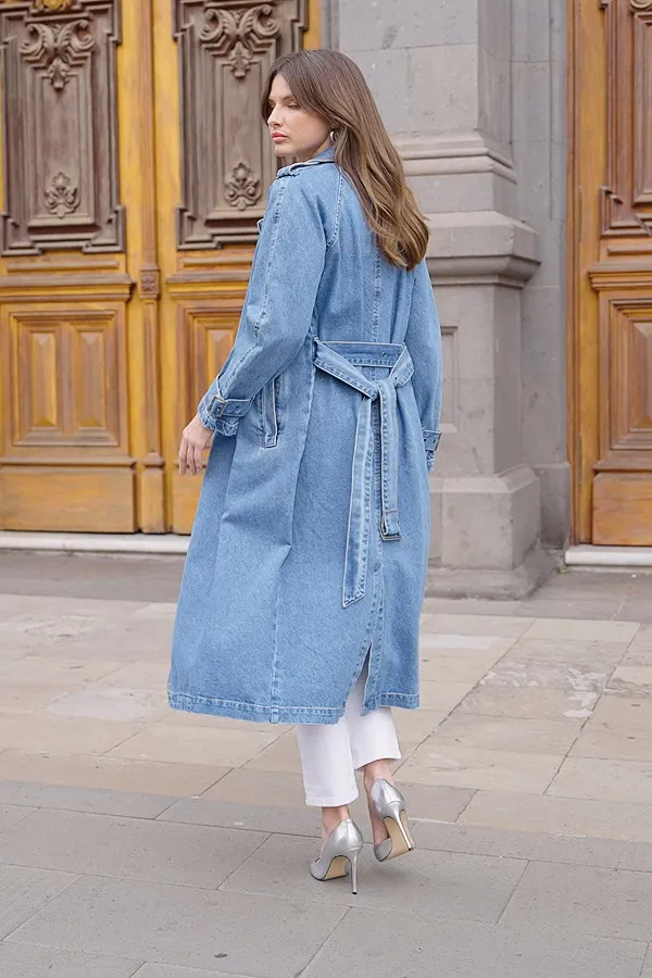 Light Blue Denim Long Trench Coat