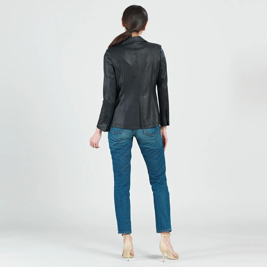 Liquid Leather Blazer with Signature Pocket in Black