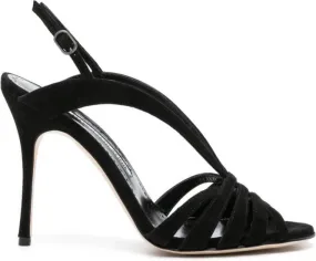 Manolo Blahnik Sardina 10mm Strappy Suede Sandals in Black