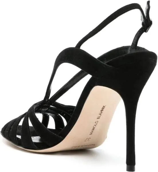 Manolo Blahnik Sardina 10mm Strappy Suede Sandals in Black