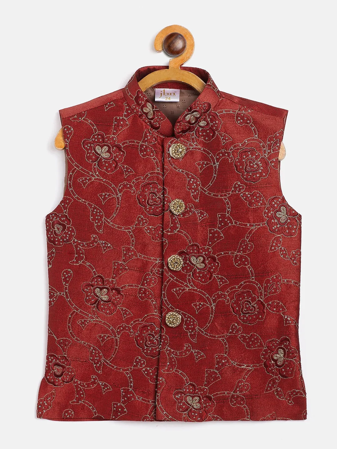 Maroon Silk Blend Embroidered Nehru Jacket for Boys