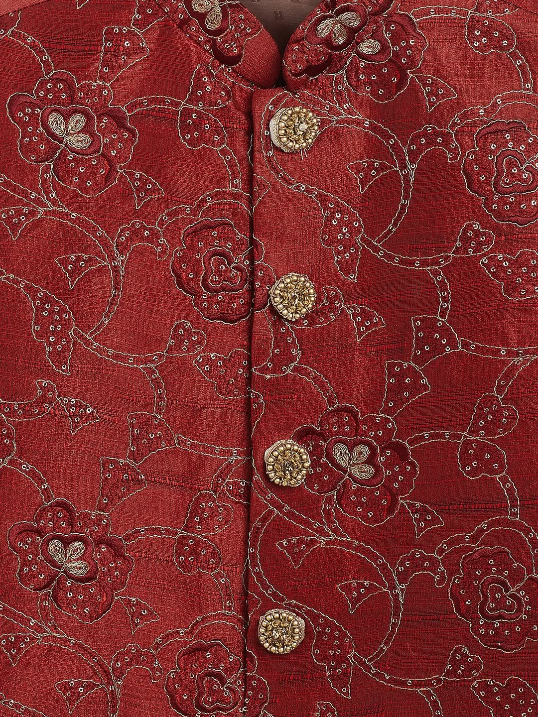 Maroon Silk Blend Embroidered Nehru Jacket for Boys