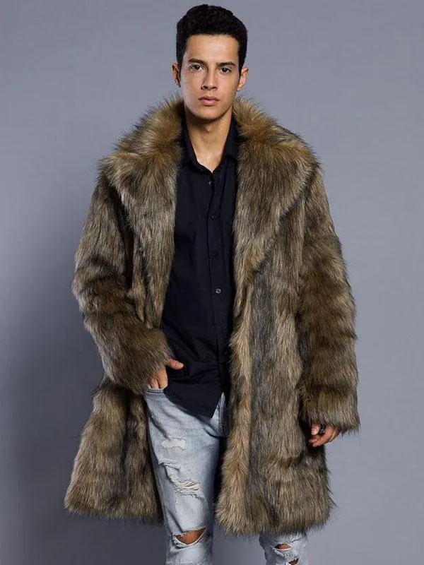 Men's Long Sleeve Winter Coat with Brown Faux Fur, Turndown Collar, and Overcoat Design