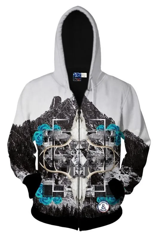 mens winter jacket with hood black white long sleeves mountain snow design.