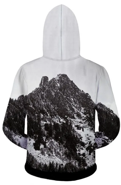 mens winter jacket with hood black white long sleeves mountain snow design.