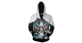 mens winter jacket with hood black white long sleeves mountain snow design.