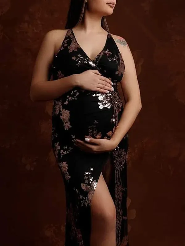 Momnfancy Sparkly Golden Sequin Maternity Gown