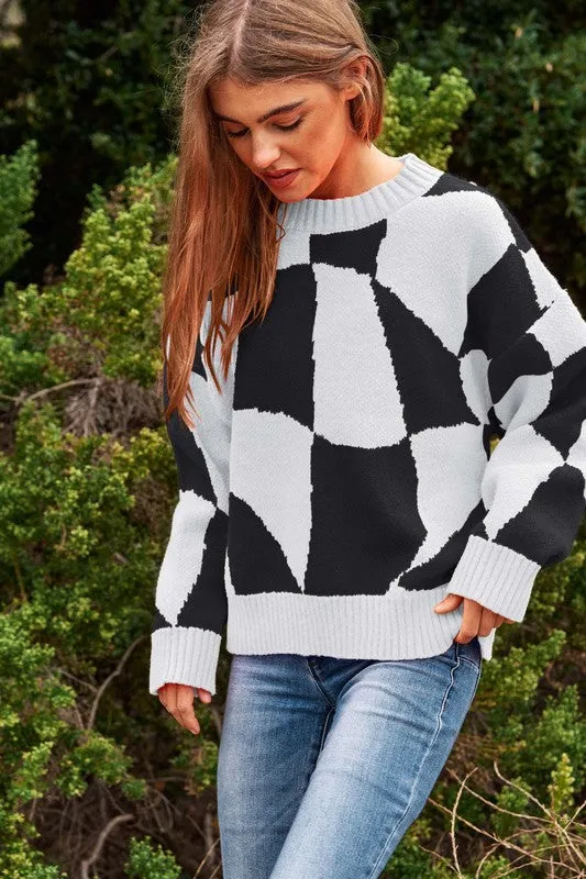 Multi Geo Checker Pullover Knit Sweater Top by DAVI & DANI.