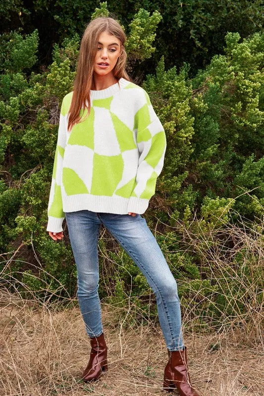 Multi Geo Checker Pullover Knit Sweater Top by DAVI & DANI.