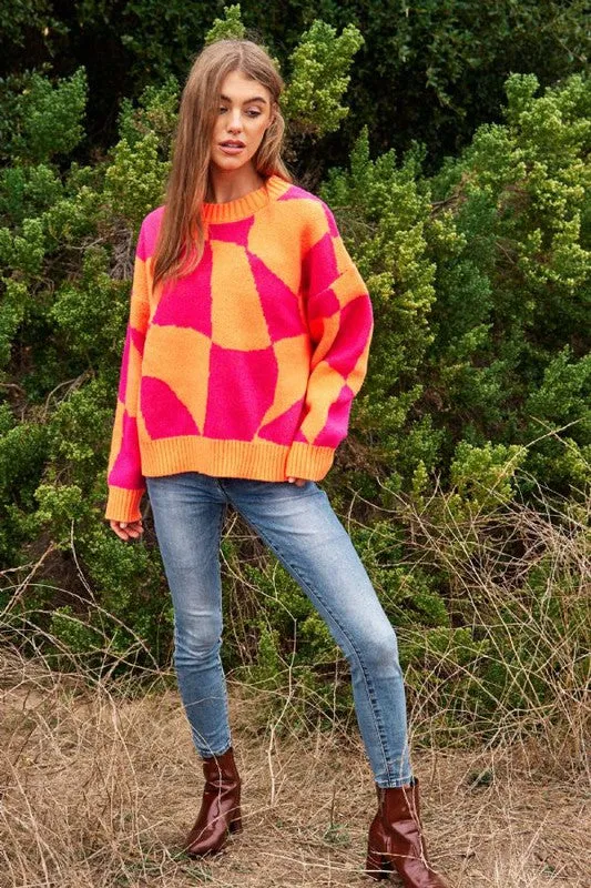 Multi Geo Checker Pullover Knit Sweater Top by DAVI & DANI.