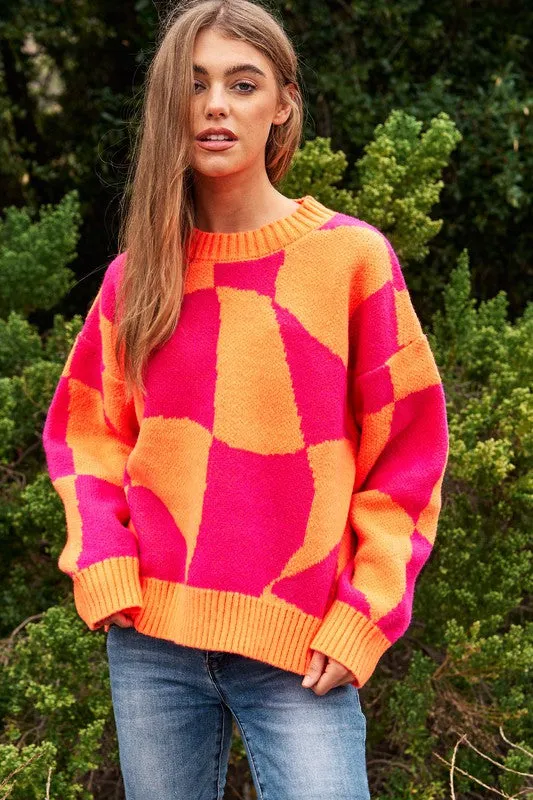 Multi Geo Checker Pullover Knit Sweater Top by DAVI & DANI.