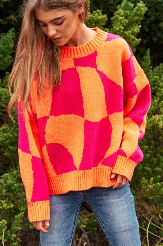 Multi Geo Checker Pullover Knit Sweater Top by DAVI & DANI.