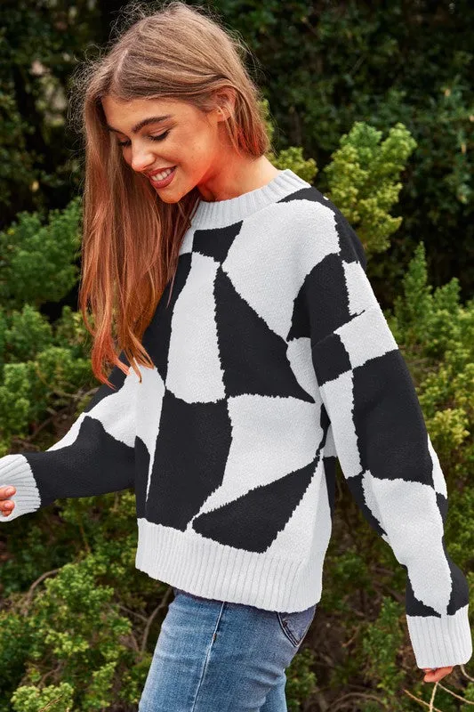 Multi Geo Checker Pullover Knit Sweater Top by DAVI & DANI.