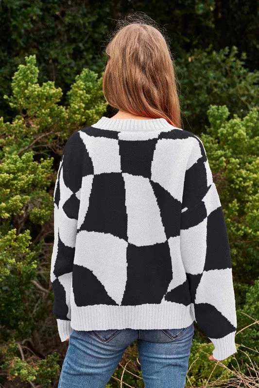 Multi Geo Checker Pullover Knit Sweater Top by DAVI & DANI.