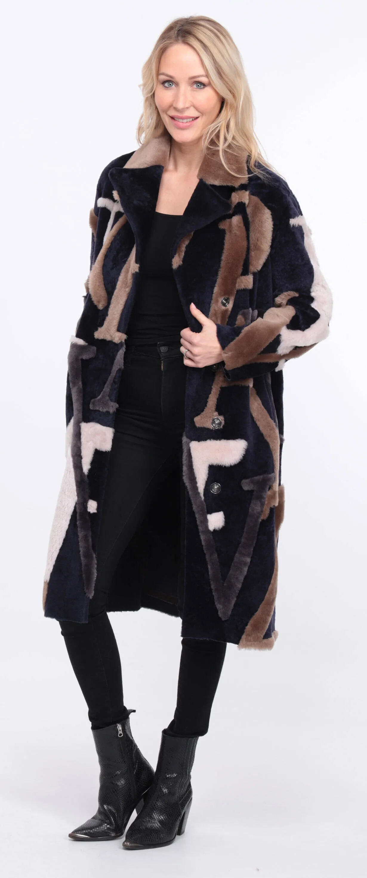 Navy and Beige Sheepskin Starle Coat for Women